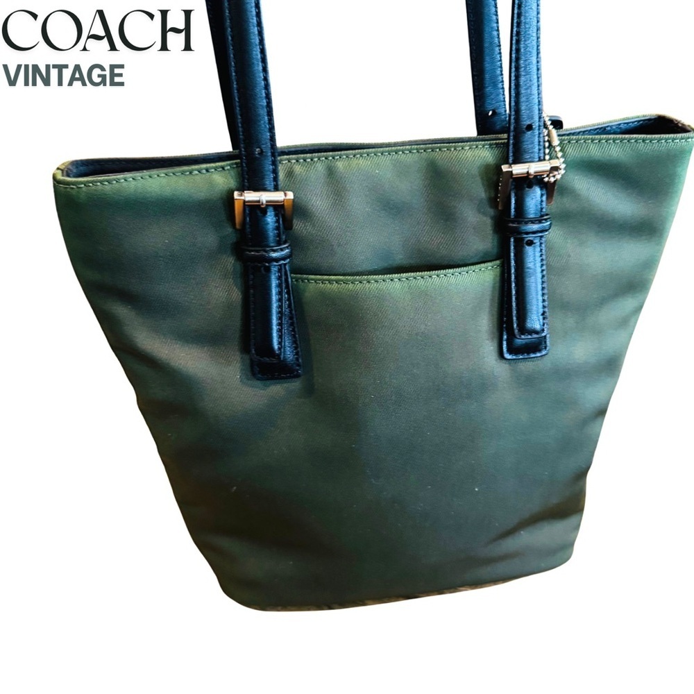 Vintage Coach Olive Green Nylon Tote w/ Black Leather Straps